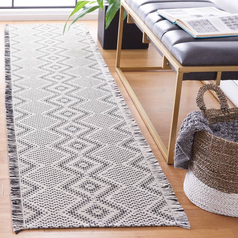SAFAVIEH Augustine Laufey Moroccan Boho Fringe Rug - 2' x 9' Runner - Ivory/Black