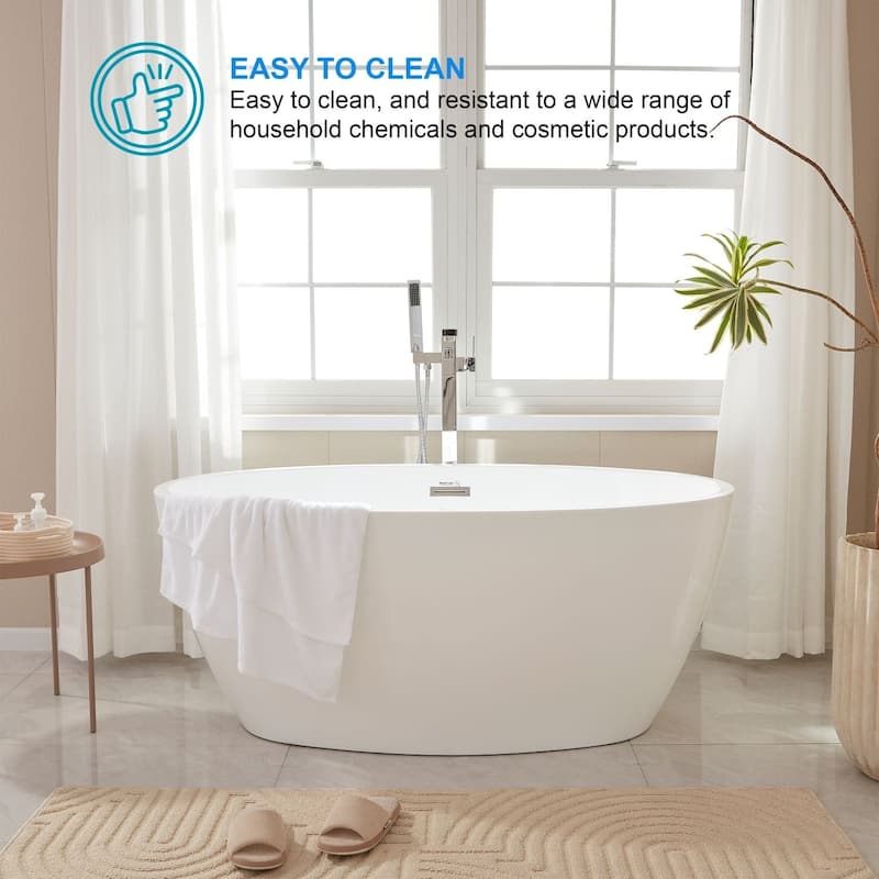 Vanity Art 55" Freestanding Acrylic Soaking Bathtub with Slotted Overflow & Pop-up Drain