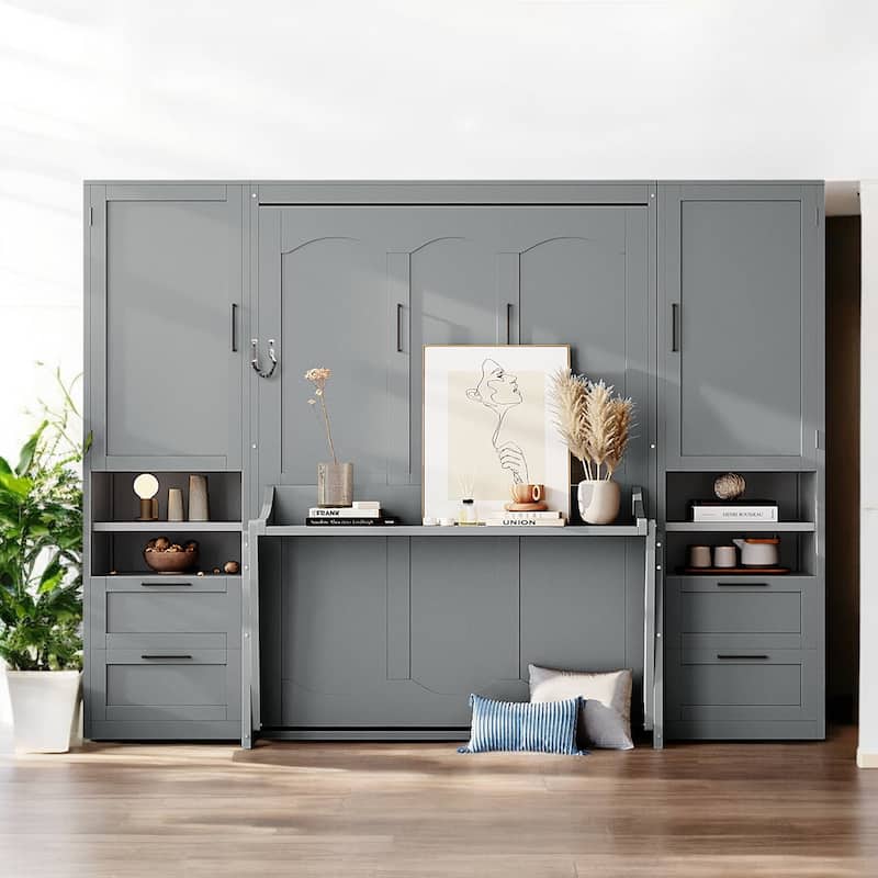 Full Murphy Bed with Built-In Wardrobe, Storage Drawers and Top Shelf, Folding Wall Bed System