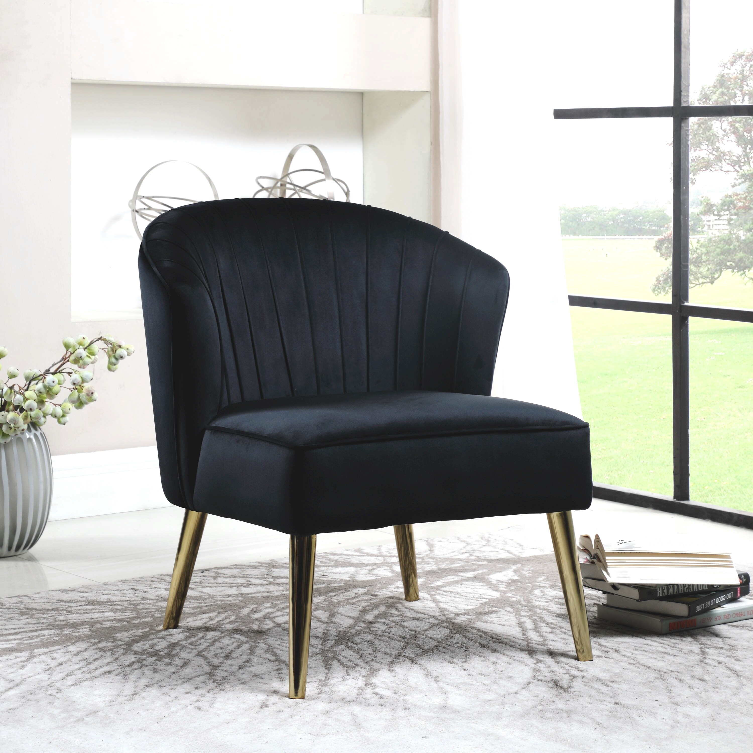 Mid Century Modern Design Black Velvet and Brass Legs Living Room