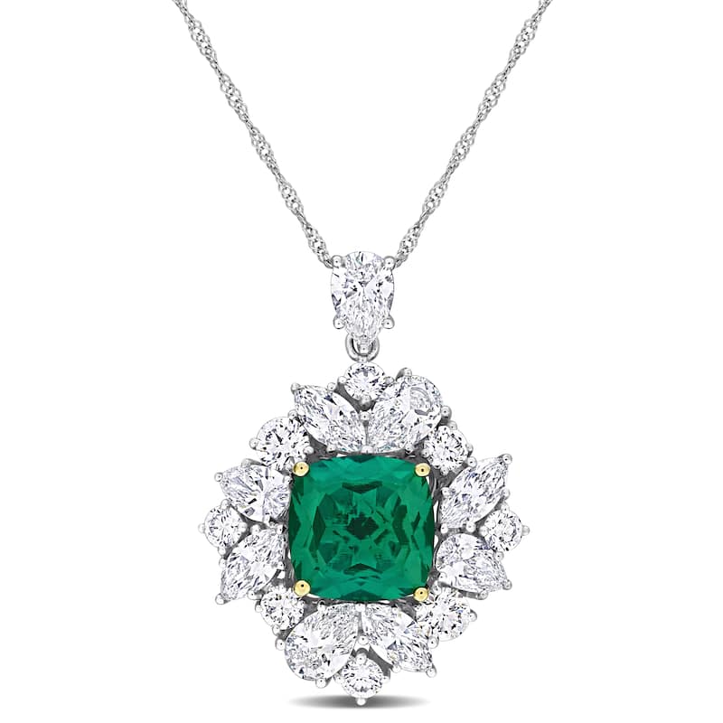 2 1/4ct TGW Created Emerald 3ct TW Lab-Grown Diamond Necklace 18k Two-Tone Gold