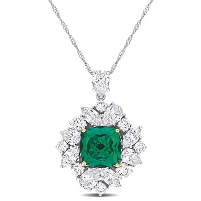 2 1/4ct TGW Created Emerald 3ct TW Lab-Grown Diamond Necklace 18k Two-Tone Gold