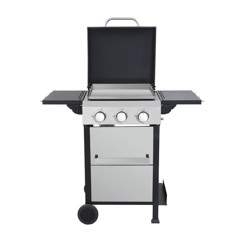 3 Burner Propane Gas Grill with Wire Enamel Cooking Grids Grid Foldable Side Table and Hanging Basket, for Outdoor Grilling