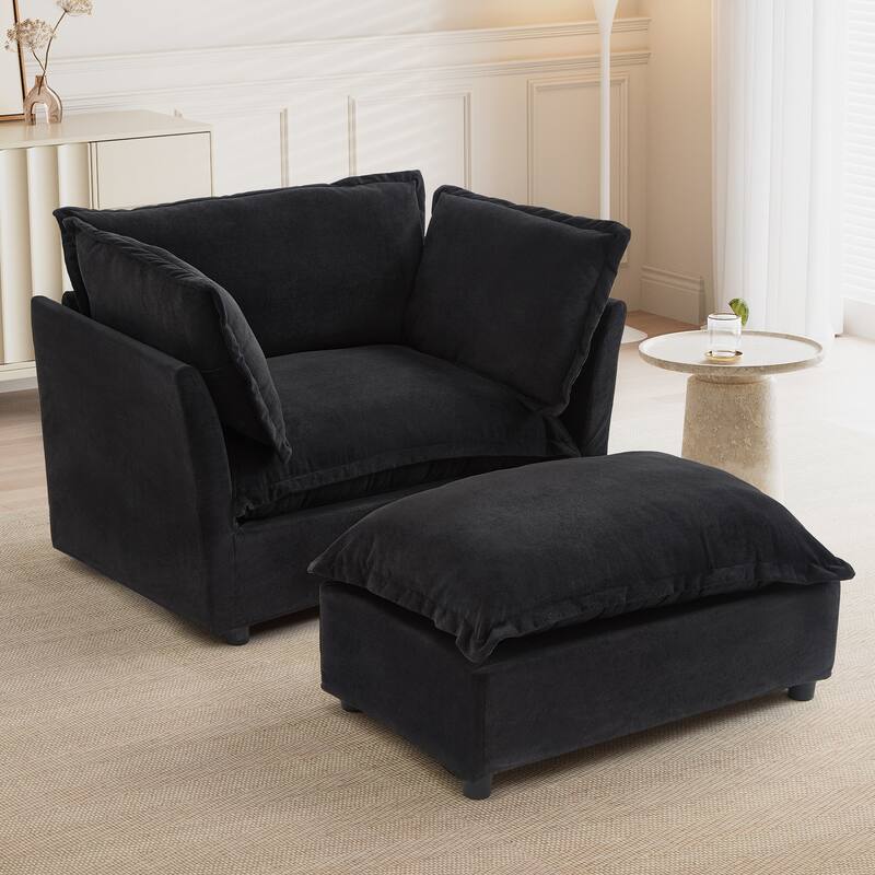 2-Piece Single Sofa Chair Set for Reading, Oversized Chenille Lounge Chair Accent Chair Armchair with Movable Ottoman - Black