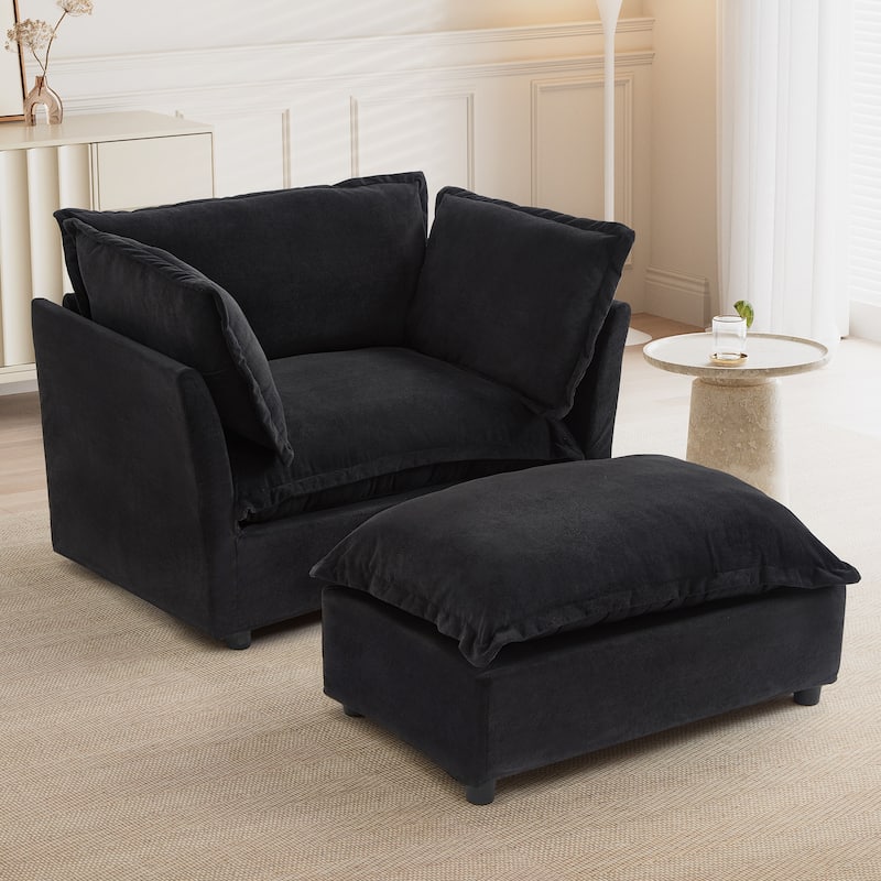 Modern Chenille Armchair with Plush Cushions and Movable Ottoman by Harper&Bright Designs - Black