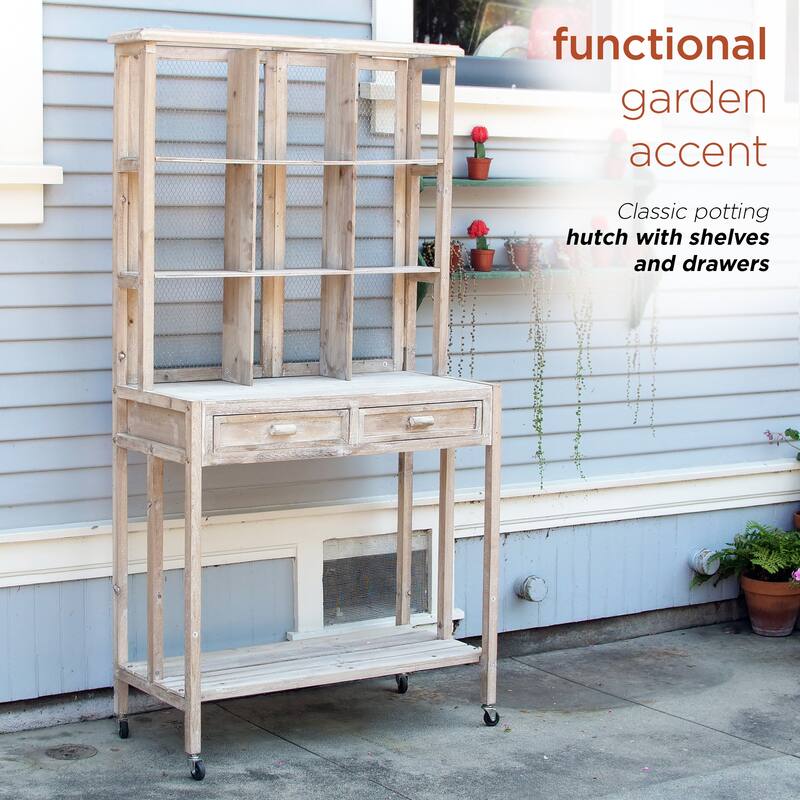 Alpine Corporation 67" Tall Indoor/Outdoor Rustic Wooden Potting Hutch with Shelves and Drawers