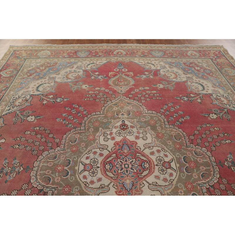 Hand Knotted Oriental 100% Wool Carpet Traditional Floral Pink Tabriz Area Rug - 12' 10'' X 9' 7''