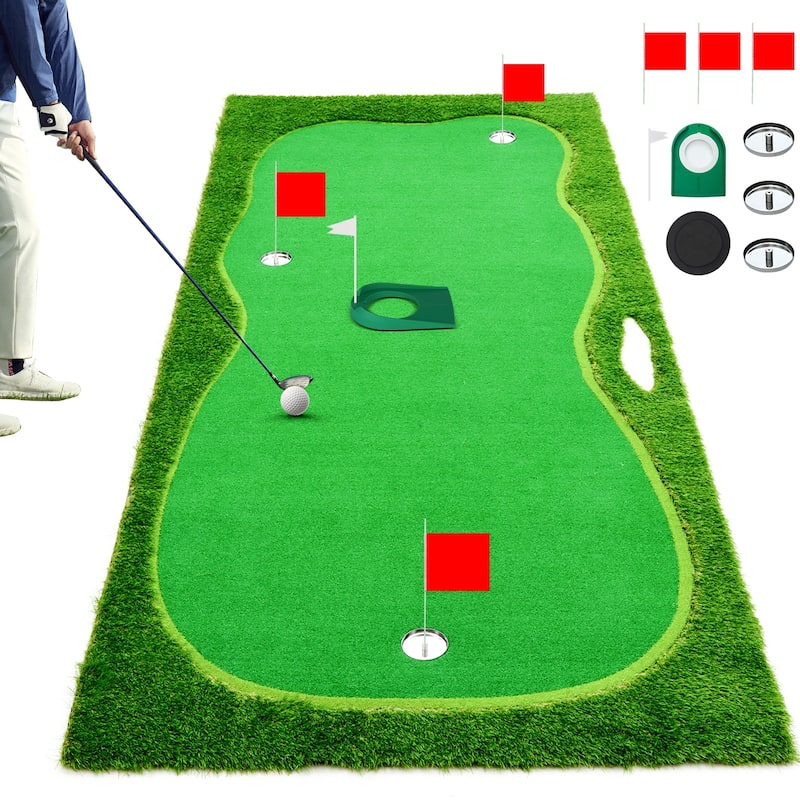 Putting Green Mat with Stainless Steel Cups & Adjustable Slope Challenge for Both Indoor & Outdoor - Green 5x12 ft