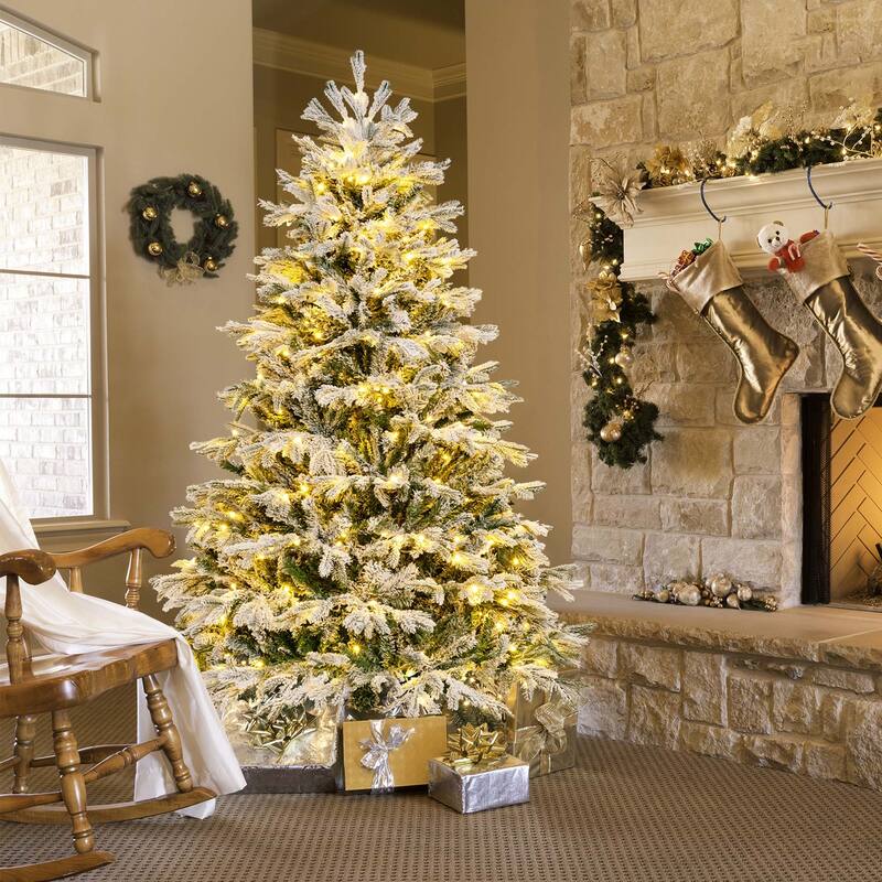 Costway 4.5 FT/6FT/7FT Pre-Lit Christmas Tree Snow Flocked Hinged Xmas