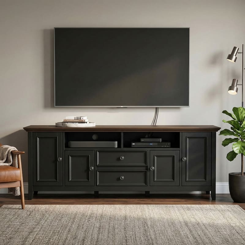 WYNDENHALL Halifax 72 inch Wide Solid Wood Transitional TV Stand - 72"w x 19"d x 26" h - Black/Smoky Brown