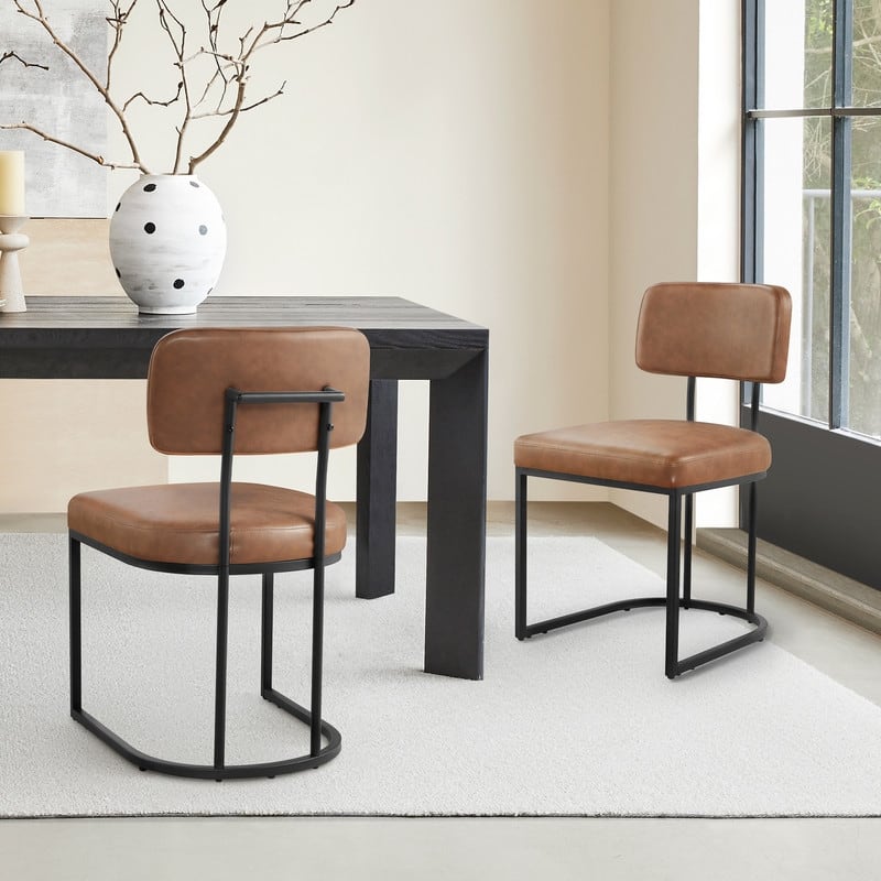 Spruce & Spring Arthur Dining Chair Set with Brass or Black Frame - Set of 2 - Brown-Black Metal Frame