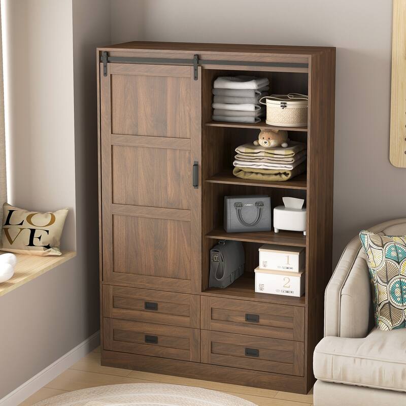 Armoire Wardrobe Closet, Wardrobe Cabinet with Sliding Barn Door, 4 Drawers,Adjustable Shelves & Hanging Rod