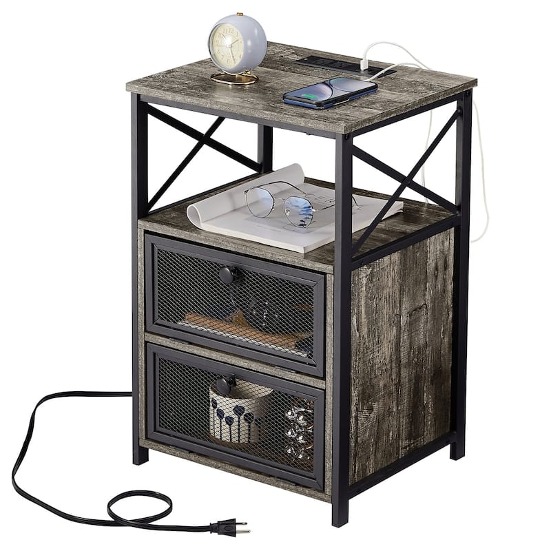 VECELO, Mid-century Modern Nightstand with Charging Station and USB Port