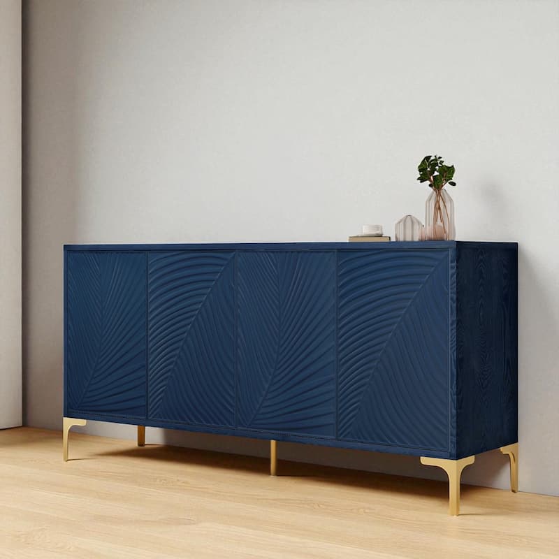 Modern 4-Door Sideboard with Carved Texture, Adjustable Shelves, Wood Veneer & High Gloss Finish