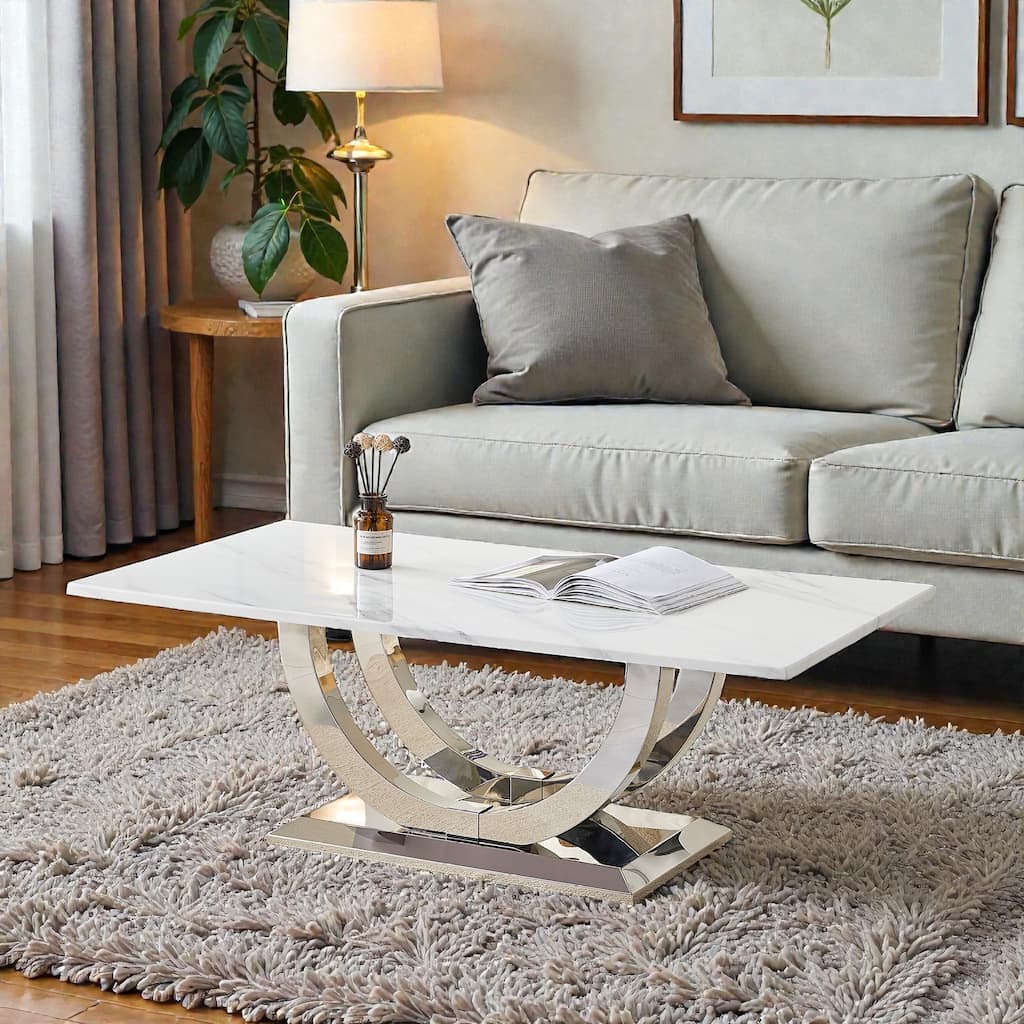 50.4 Inch Modern Rectangular Coffee Table with Marble Pattern MDF Top and Silver Stainless Steel Base