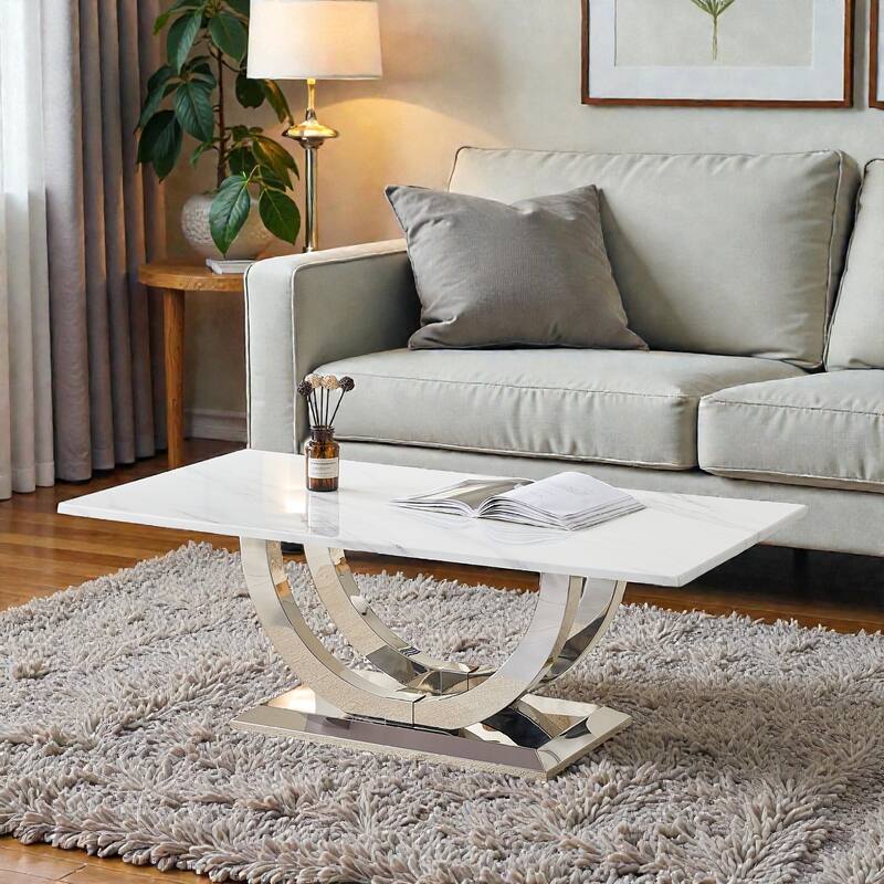 50.4 Inch Modern Rectangular Coffee Table with Marble Pattern MDF Top and Silver Stainless Steel Base - Silver