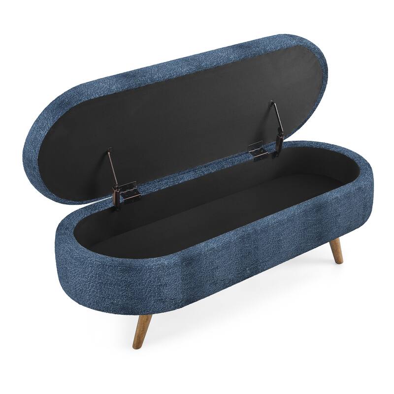 43.5 in. Oval Bedroom Bench Linen Fabric Upholstered Storage Ottoman Bench with Solid Wood Legs Entryway Bench