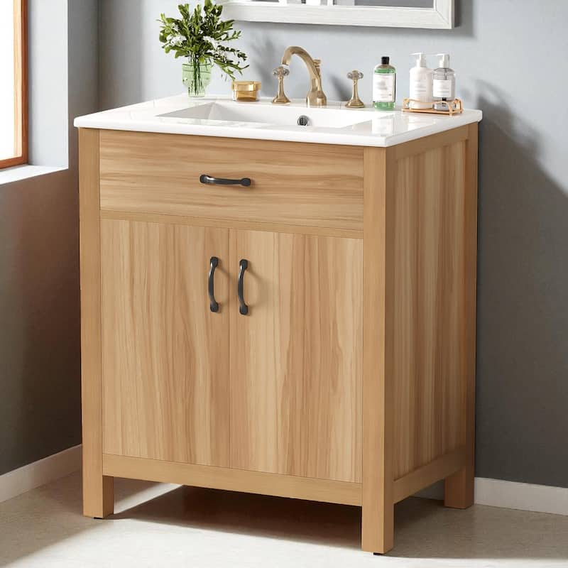 30'' Bathroom Vanity with Sink, Solid Wood Frame, 2 Soft-Close Doors, 1 Drawer & Adjustable Shelf, Modern Cabinet - Acacia Wood
