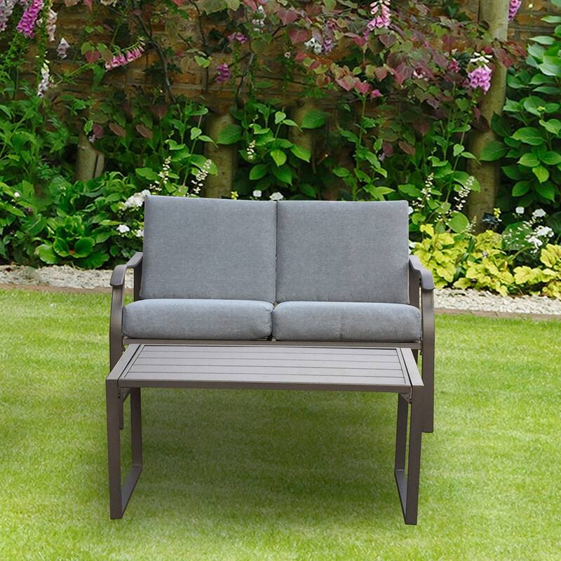 2Piece Outdoor Cushioned Chair Sofa Set Metal Frame Loveseat & Table