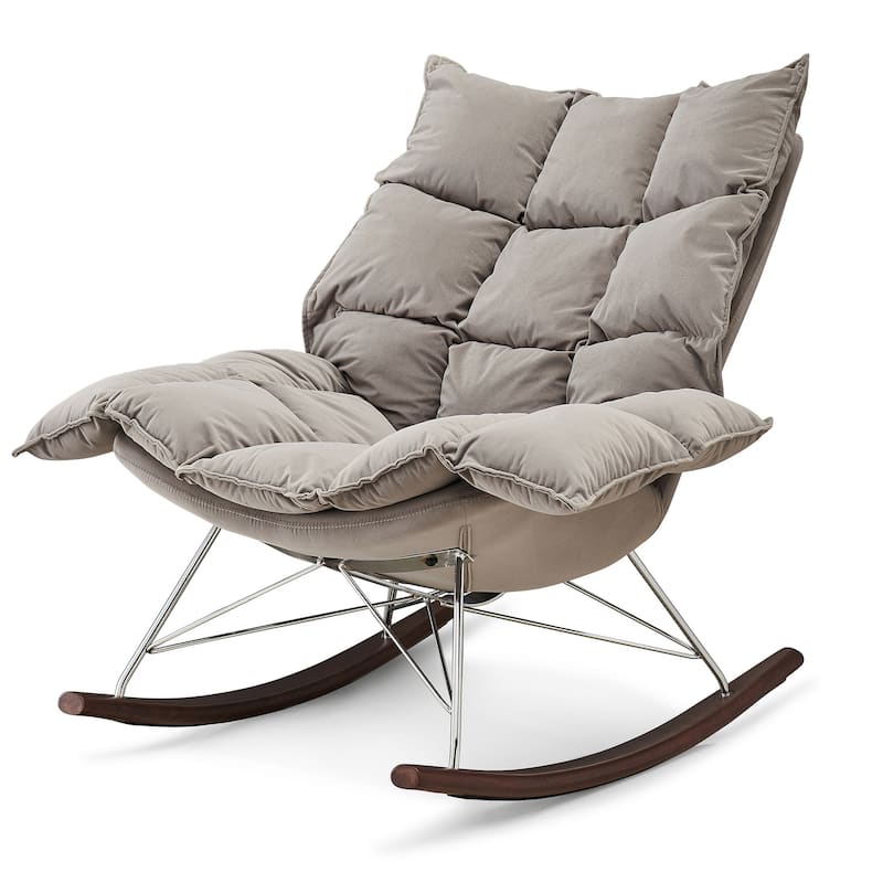 Grey Velvet Rocking Accent Armchair with Tufted Wingback and Thick Padded Seat - Grey