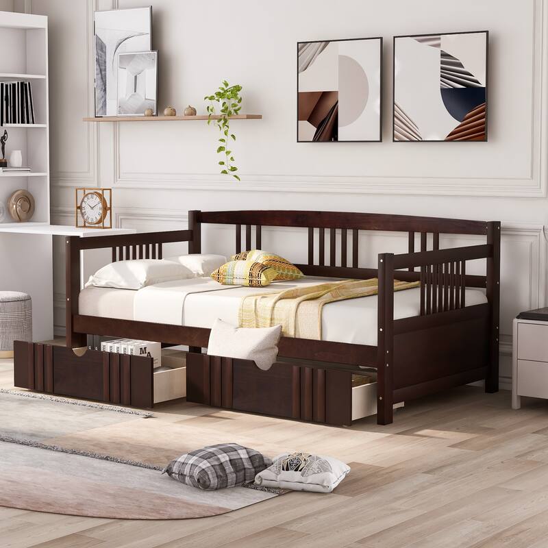 Daybed with Two Drawers, Solid Wood Frame, Guardrails, No Box Spring Needed