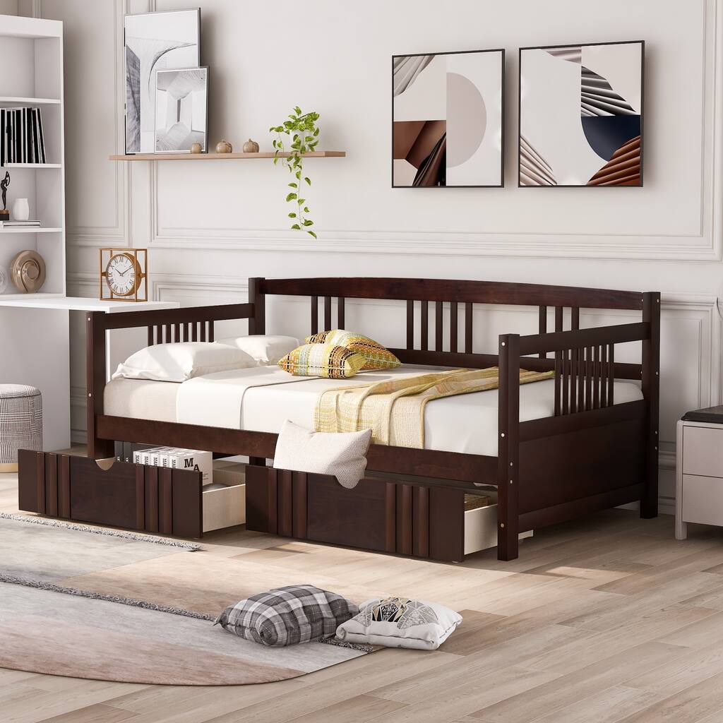 Twin Size Wooden Daybed with 2 Drawers, Safety Guardrails & Slat Support