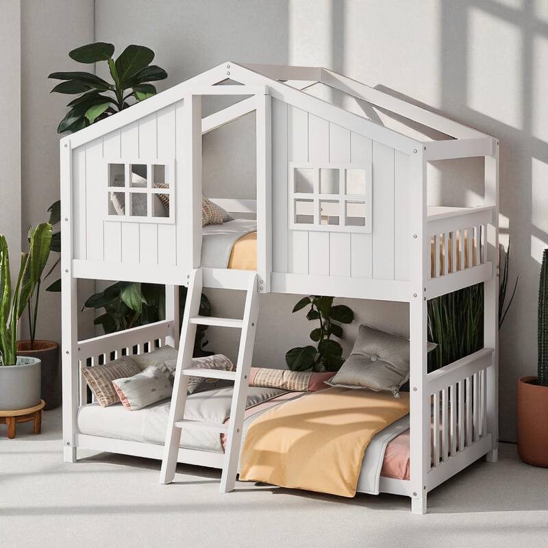 Twin Over Twin House Bunk Bed with Roof and Window, Solid Wood Frame with Ladder for Kids - White - Twin