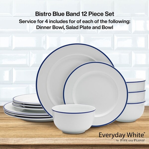 Everyday White Blue Band 12-Piece Dinnerware Set, Service for 4