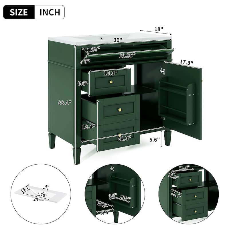 36" Bathroom Vanity with Top-Mount Sink - Modern Cabinet with 2 Drawers + Tip-Out Tray - Complete Single Sink Vanity Set
