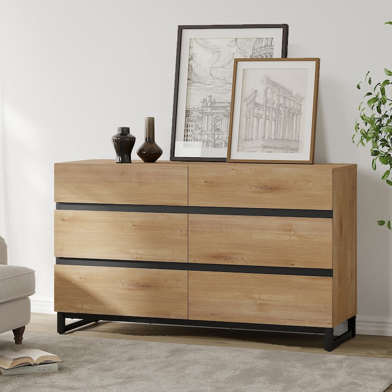 WAMPAT Dresser for Bedroom, Closet Organizers and Storage with Drawers, Chest of Drawers with Metal Base, Modern Wooden Dresser - Oak - 6-drawer