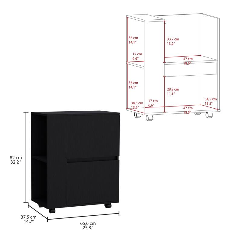 Glasgow Bar Cart Two Pull-Down Door Cabinets and Two Open Shelves