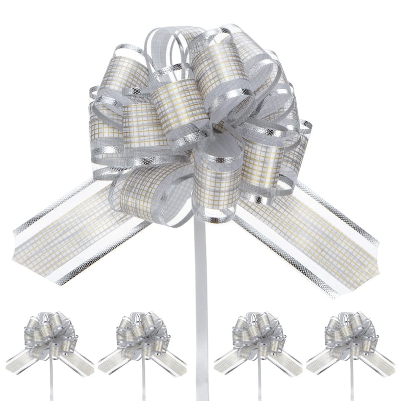10pcs Large Pull Bow 6 Inch Flower Bows for Wedding Baskets - 6 Inch - Silver Tone