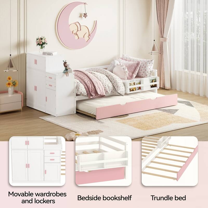 Wood Platform Bed with Sample Bookshelf and Movable Wardrobe
