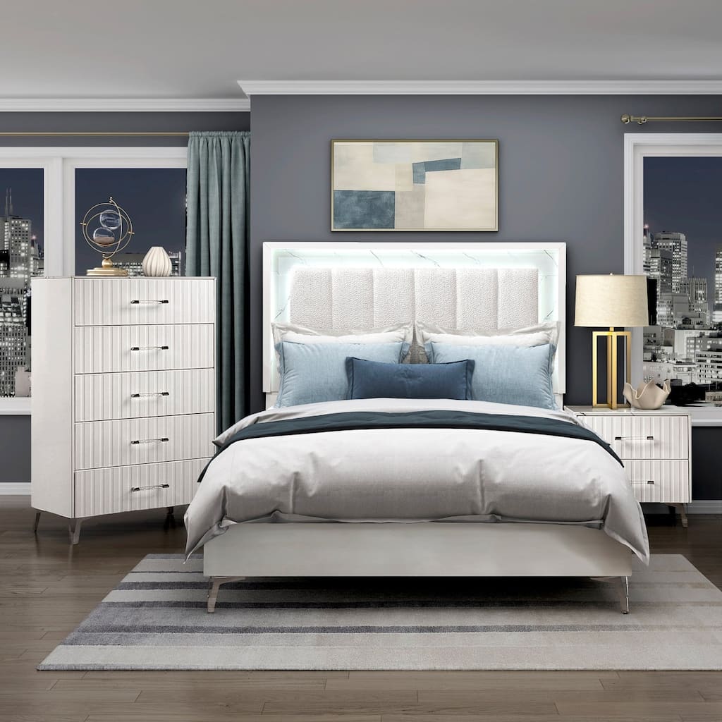 Glam White Bedroom Furniture LED Bed Chest Nightstand 3PC Set