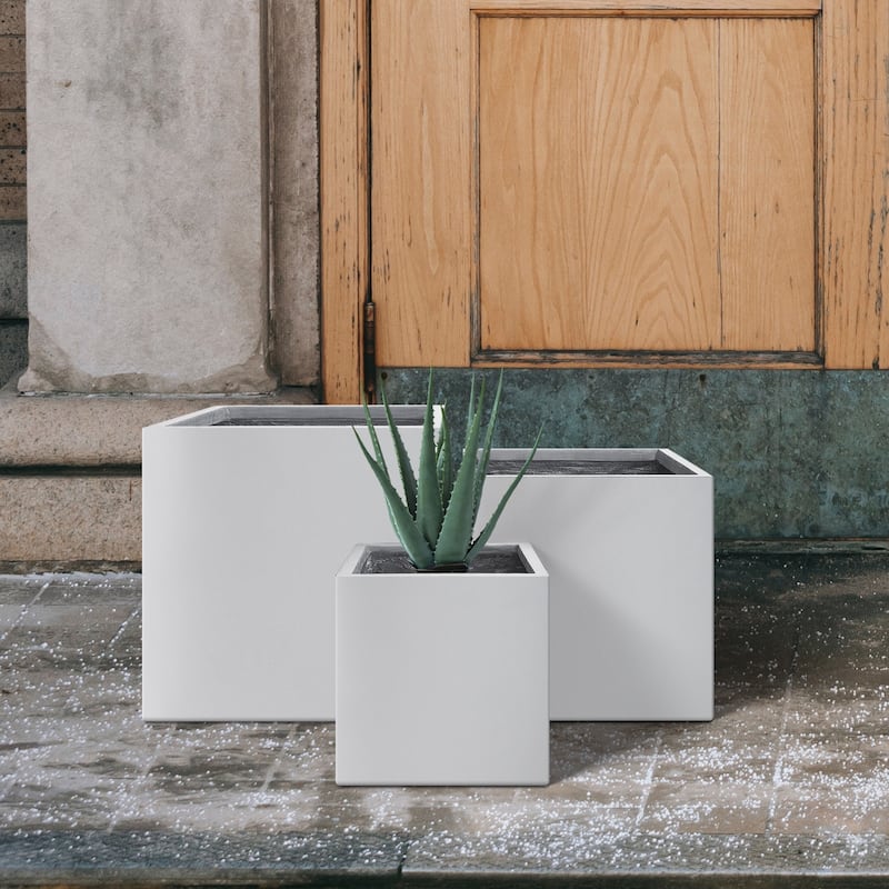 Kante 16", 12", 10"H Square Lightweight Pure White Concrete Metal Planters (Set of 3), Seamless w/ Drainage Hole for Home/Garden