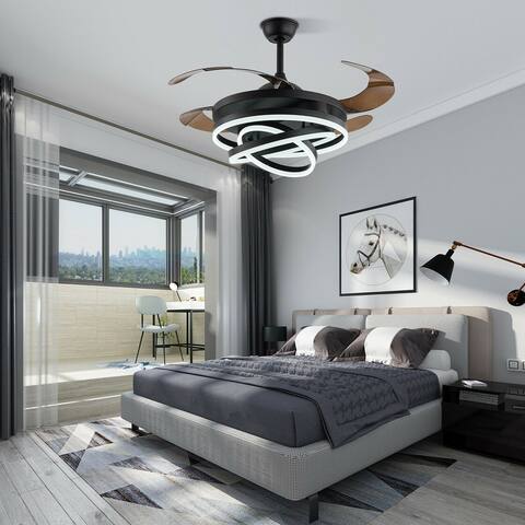 42" Matte Black Modern LED Ceiling Fan Chandlier with Retractable Blades