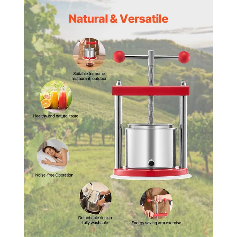 1.65L Stainless Steel Fruit & Wine Press Manual Juicer for Fresh Juice Wine and Olive Oil - 220x325 mm,