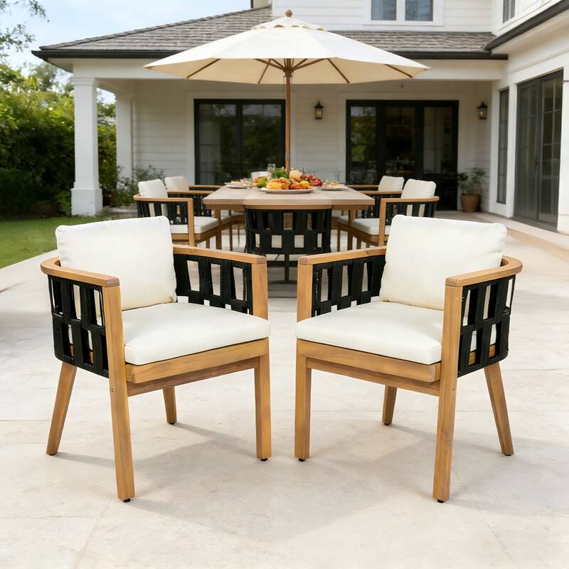Christopher Knight Home Marrick Patio Acacia Wood Dining Chair with Cream Cushion and Black Flat Rope