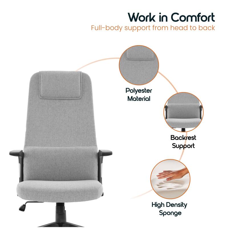 Nexa Ergonomic Leather/Polyester High-Back Office Chair with Padded Headrest, Adjustable Height, Swivel, and Smooth Casters