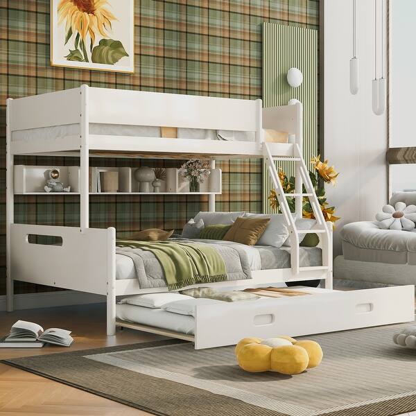 slide 2 of 7, Cream Wood Twin over Full Bunk Bed with Storage Shelves and Twin Size Trundle Cream
