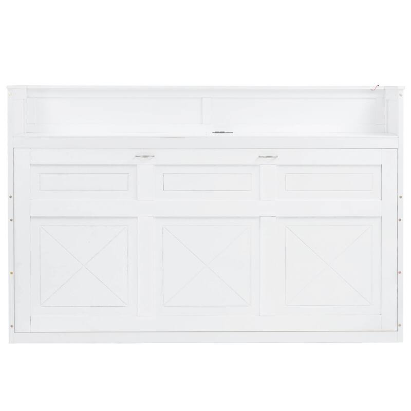 Twin XL Size Murphy Bed with Desk & LED Light, Solid Wood Bed Frame with USB Charging Station, for Small Spaces and Home Offices