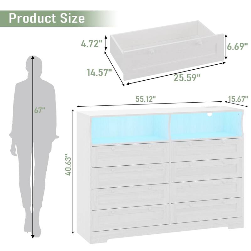 8 Drawers Wooden Dressers for Bedroom Living Room, Hallway, Wood Dressers with Led Lights and Charging Station