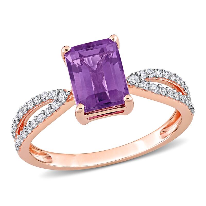 Miadora Octagon-cut Amethyst and 1/5ct TDW Diamond Split Shank Cocktail Ring in 14k Rose Gold