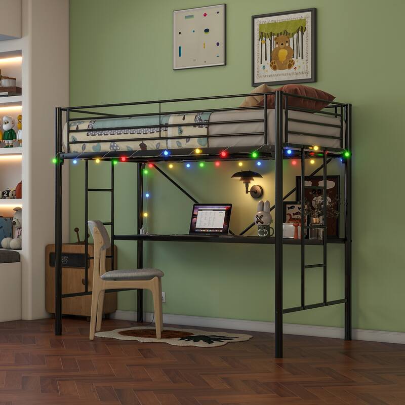 Twin Metal Loft Bed with Desk, Power Outlet, LED Lights, Safety Guard Rails, and Ladder, Black