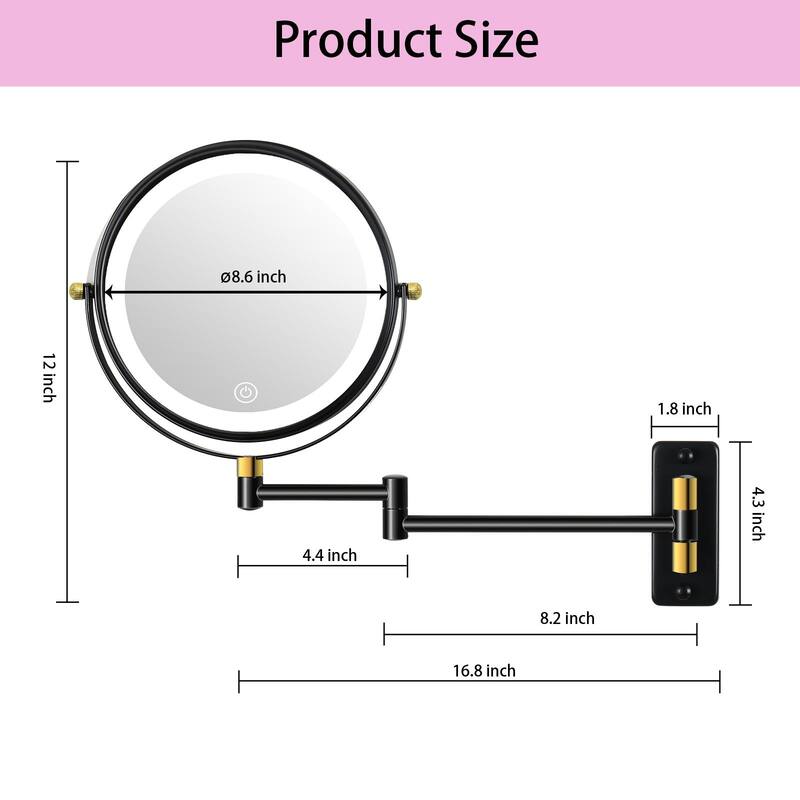 9" Makeup Mirror with Lights, 1x/10x Magnifying Mirror Extendable Arm, Wall Mirror with Ttpe-C Charging Cable - Black Gold