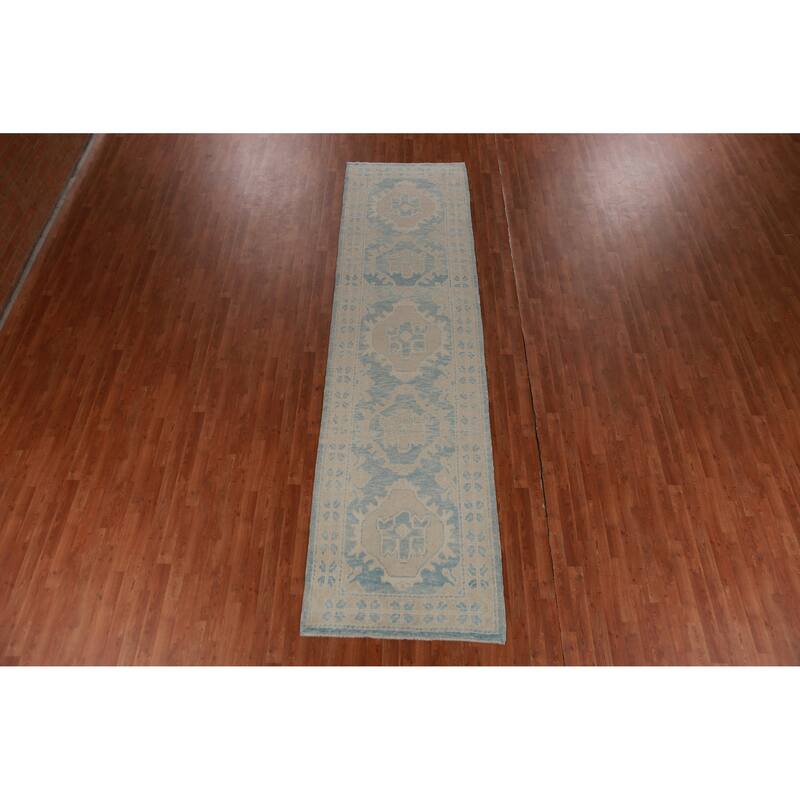 Hand Knotted Oriental 100% Wool Carpet Transitional Geometric Navy Blue & Blues Oushak Runner Rug - 13' 1'' X 3' 6''