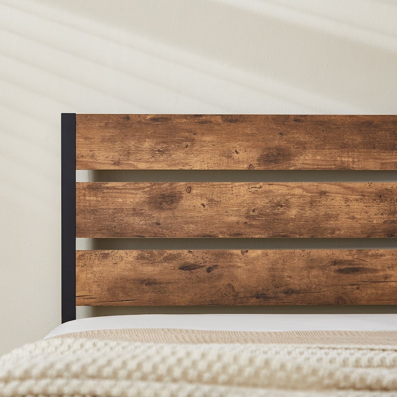 Javlergo 3-Piece Bedroom Sets Industrial metal Platform Bed Frame with Headboard and Set of 2 Nightstand, Rustic Brown