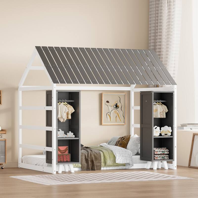House-Shaped Twin Floor Bed with Fence, Roof, and Movable Wardrobes, Gray - Gray