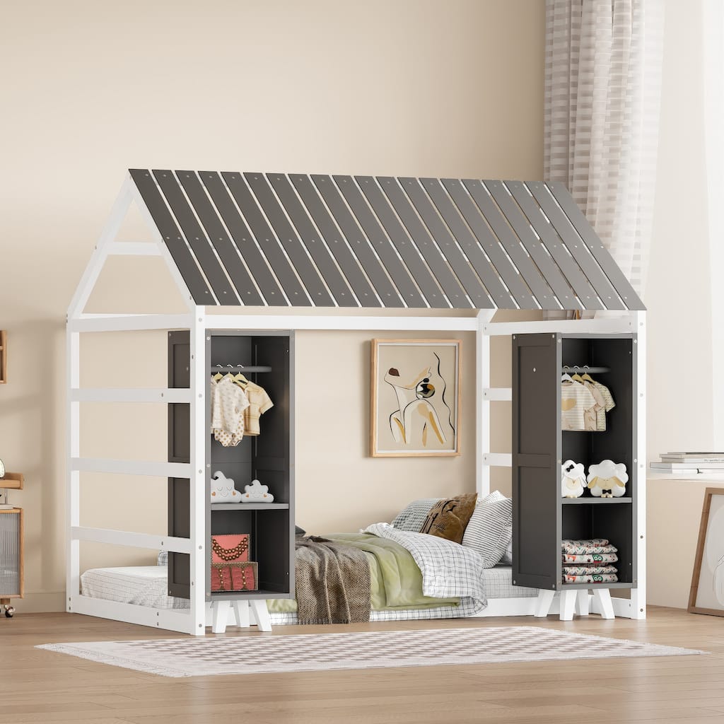 Wooden Twin Size House Bed with Fence and Roof, Kids Floor Bed with Two Movable Wardrobes, Gray