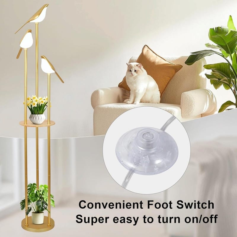 Gold Modern Floor Lamp with Shelves - Mid-Century Standing Lamp with 3 Adjustable LED Bird Lights